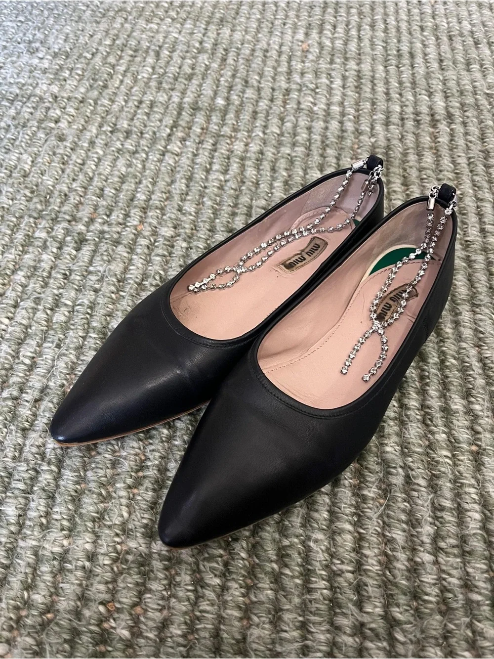 Miu Miu Black Leather Pointed Flats with Crystal Strap